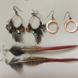 3 feathery/ hippie-style earrings